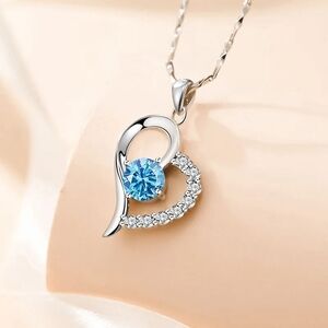 Silver Heart Necklace with Blue Crystal